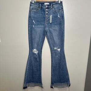 CELLO HIGH RISE SLIM BELL BOTTOM JEANS SIZE 9 DESTROYED‎ HIPPY STRETCH JEANS NWT